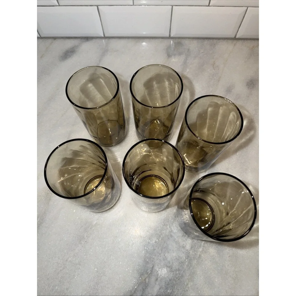 Libbey Swirl Optic Tawny Brown Tumbler Set Of 6 Vintage 5 1/2